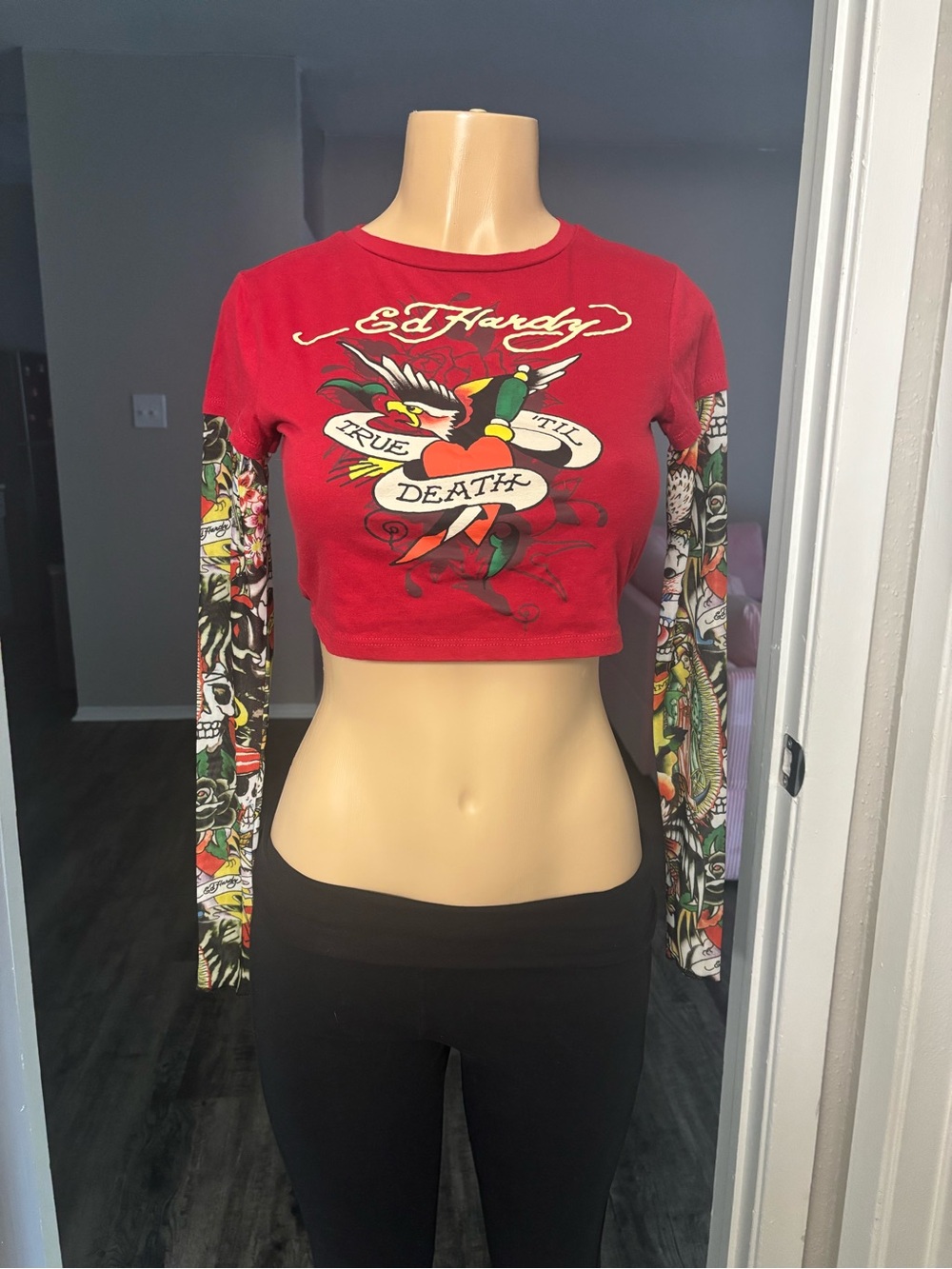 Ed Hardy Red Cropped Tattoo-Graphic Long Sleeve Top- Size S